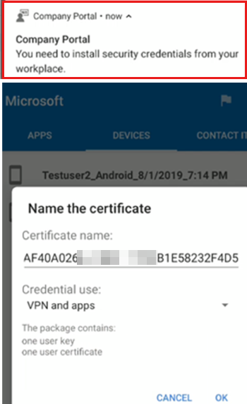 Capture d’écran d’une notification pour installer le profil de certificat racine approuvé.