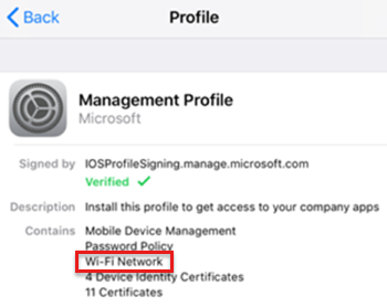 Capture d’écran du profil de gestion sur l’appareil iOS/iPadOS dans Intune.