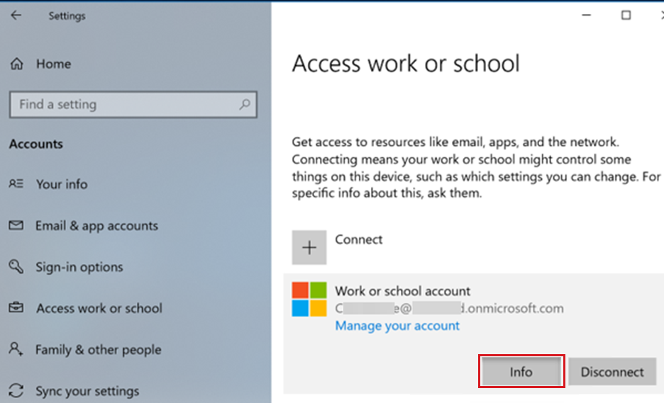 Capture d’écran du volet Professionnel ou Scolaire Access. Le bouton d’informations est mis en surbrillance sur l’appareil Windows.