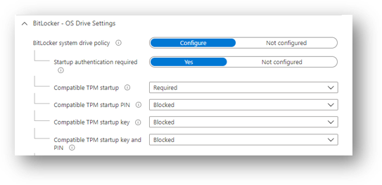 Paramètres du lecteur de système d’exploitation BitLocker qui affiche le démarrage du module TPM compatible défini sur Obligatoire.