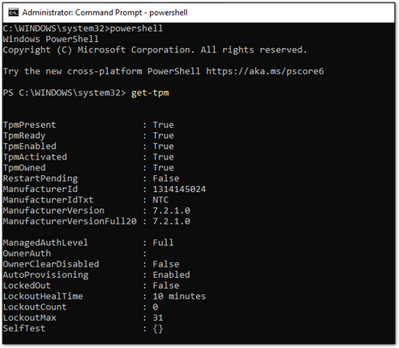 Exemple de capture d’écran d’un module TPM présent et actif dans une fenêtre PowerShell.