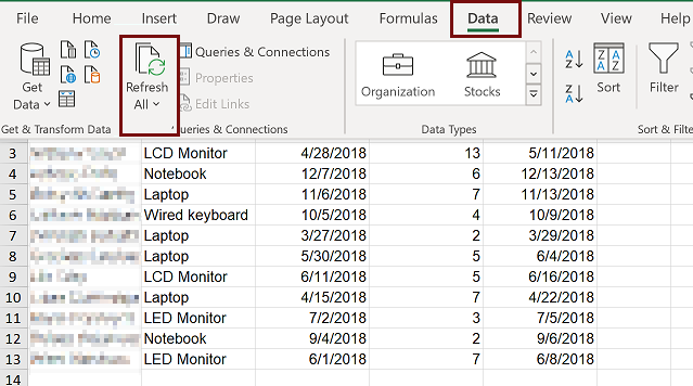 Capture d’écran montrant comment actualiser les données de votre application dans Excel.