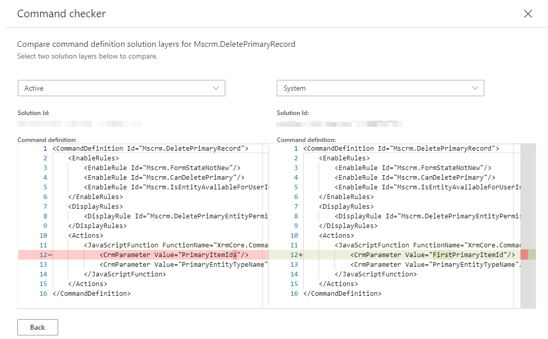 Capture d’écran montrant les différences de comparaison de la définition active actuelle et de la définition inactive précédente.