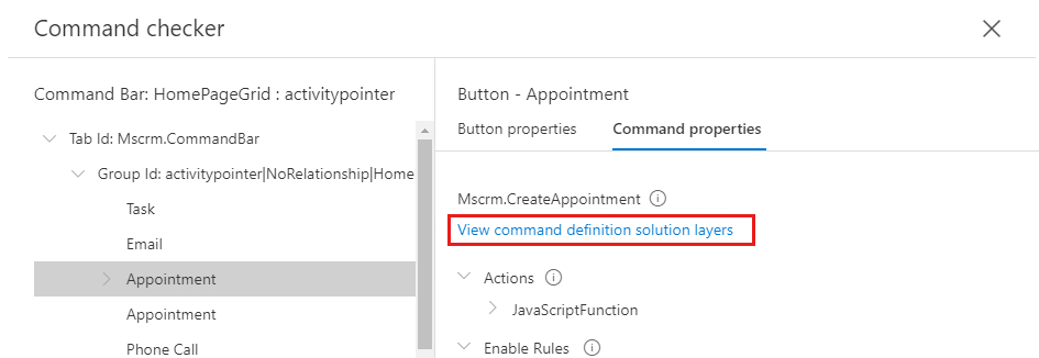 Capture d’écran du lien des couches de solution Afficher la définition de commande sous le nom de la commande.
