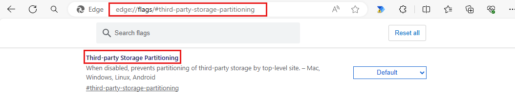 Capture d’écran montrant le paramètre de partitionnement de stockage tiers dans Microsoft Edge.