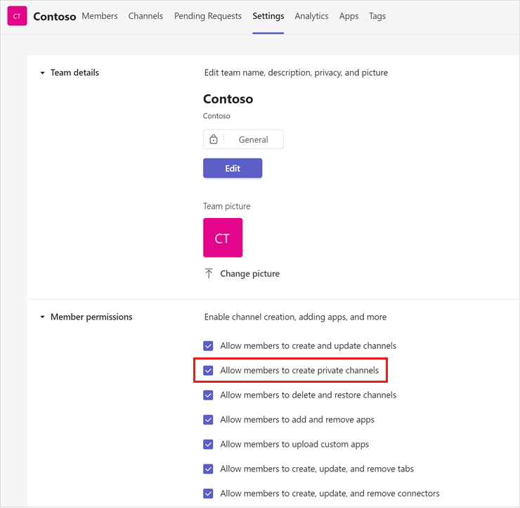 Capture d’écran montrant comment autoriser la création d’un canal privé à partir de Microsoft Teams.