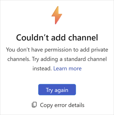 Capture d’écran montrant l’erreur lors de la création d’un canal privé.