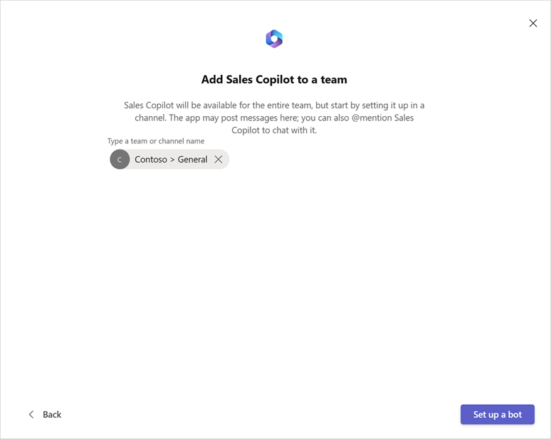 Capture d’écran montrant le bouton Configurer un bot dans la page Ajouter Copilot for Sales à une équipe pour configurer un bot.