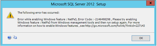 Capture d’écran du message d’erreur de configuration de SQL Server 2012 : Erreur lors de l’activation de la fonctionnalité Windows.