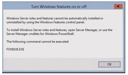 Capture d’écran des rôles et fonctionnalités ne peuvent pas être installés automatiquement par le biais d’une erreur de fonctionnalité Windows.