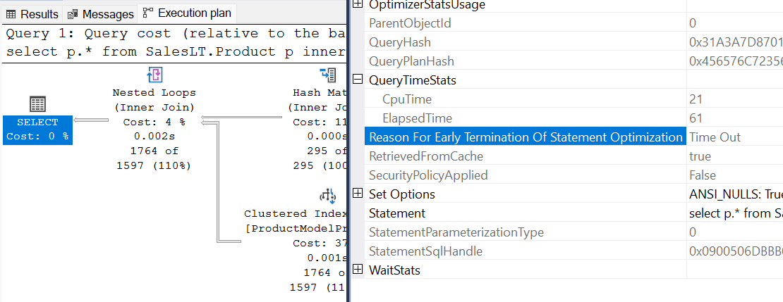 Capture d’écran montrant le délai d’expiration de l’optimiseur dans le plan de requête dans SSMS.