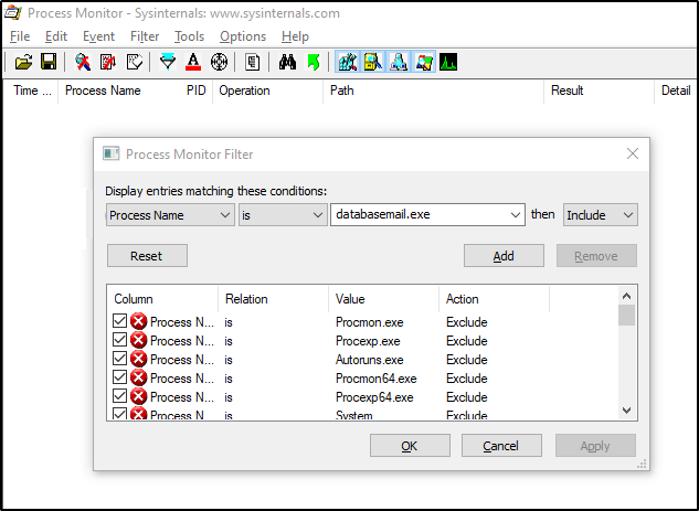 Capture d’écran de l’outil procmon montrant database.exe est filtrée.