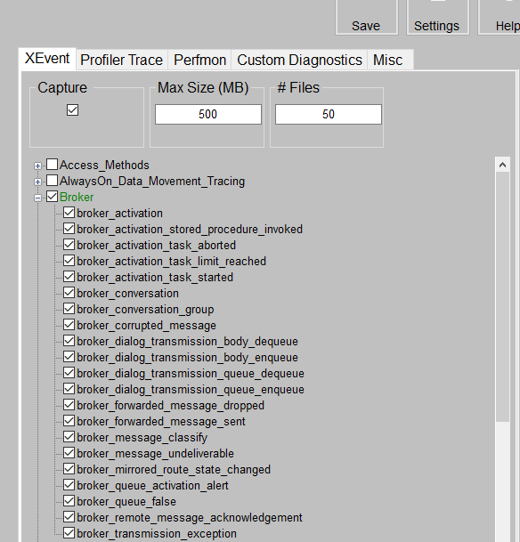 Capture d’écran de l’outil Pssdiag dans lequel tous les événements broker de l’onglet XEvent sont activés.