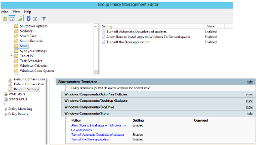 Capture d’écran montrant 3 stratégies activées : désactiver le téléchargement automatique des mises à jour, autoriser le Windows Store à installer des applications sur les espaces de travail Windows To Go et désactiver l’application Store.