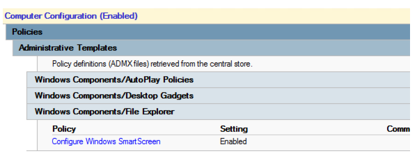 Capture d’écran montrant que la stratégie Configurer Windows SmartScreen est activée et qu’elle est vide sous cette stratégie.