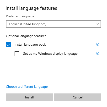 Capture d’écran de la boîte de dialogue Installer les fonctionnalités linguistiques.