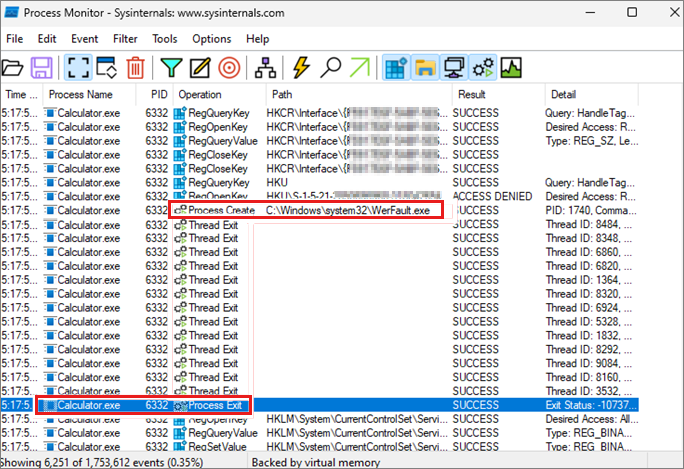 Capture d’écran de la fenêtre Moniteur de processus avec le processus de calculatrice sélectionné et les événements de sortie de thread ci-dessus.