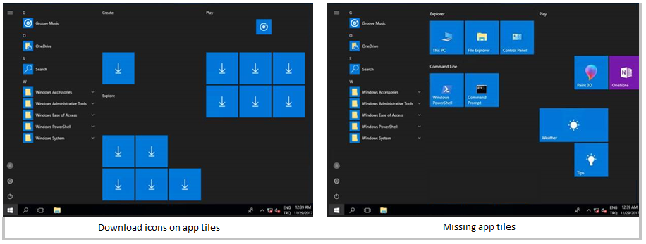 Captures d’écran montrant les icônes de téléchargement sur les vignettes d’application et les vignettes d’application manquantes.