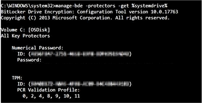 Capture d’écran de la sortie de la commande manage-bde lorsque LA VERSION 7 n’est pas présente.