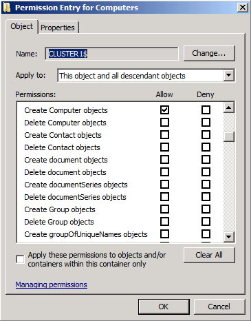 Capture d’écran de la fenêtre Entrée d’autorisation pour ordinateurs montrant les objets Créer un ordinateur et lire toutes les autorisations de propriétés.