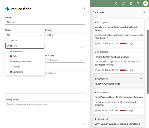 Capture d’écran montrant le volet Office avec les tâches remplies pour le cas et les états disponibles.