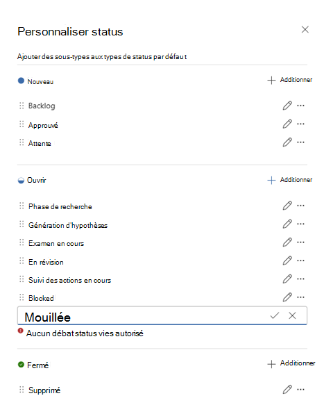 Capture d’écran montrant les options de status par défaut et les états personnalisés.