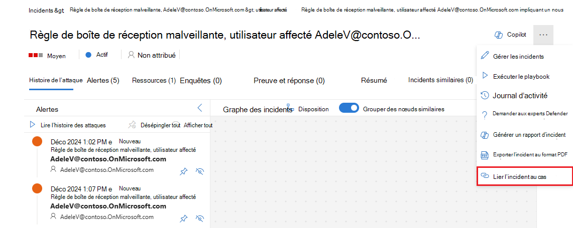 Capture d’écran montrant l’option de lien d’incident dans le menu des points de suspension dans l’affichage de l’incident.