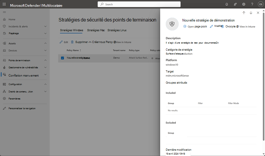 Capture d’écran du volet d’édition des stratégies de sécurité de point de terminaison dans la gestion multilocataire dans Microsoft Defender XDR.