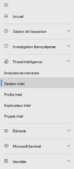 Capture d’écran montrant le nouveau positionnement du menu pour Microsoft Sentinel renseignement sur les menaces.