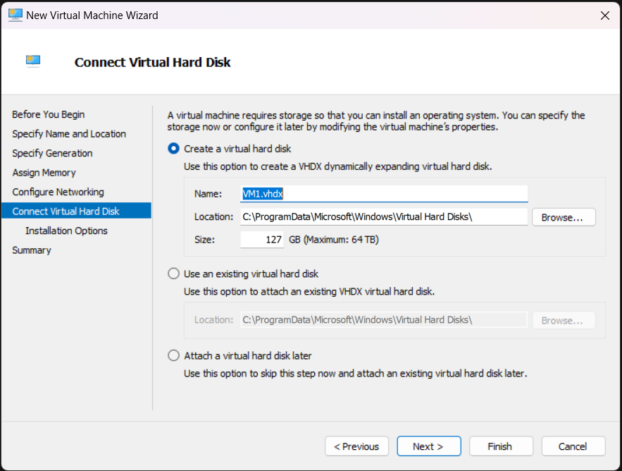 Capture d’écran de la tâche Connecter un disque dur virtuel de l’Assistant Nouvelle machine virtuelle, avec l’option Créer un disque dur virtuel sélectionnée.