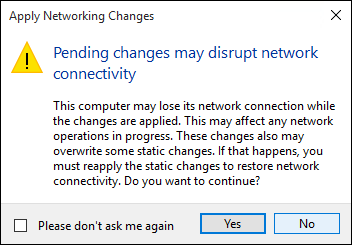 Capture d’écran du message Appliquer les modifications réseau avec le focus sur l’option Oui.