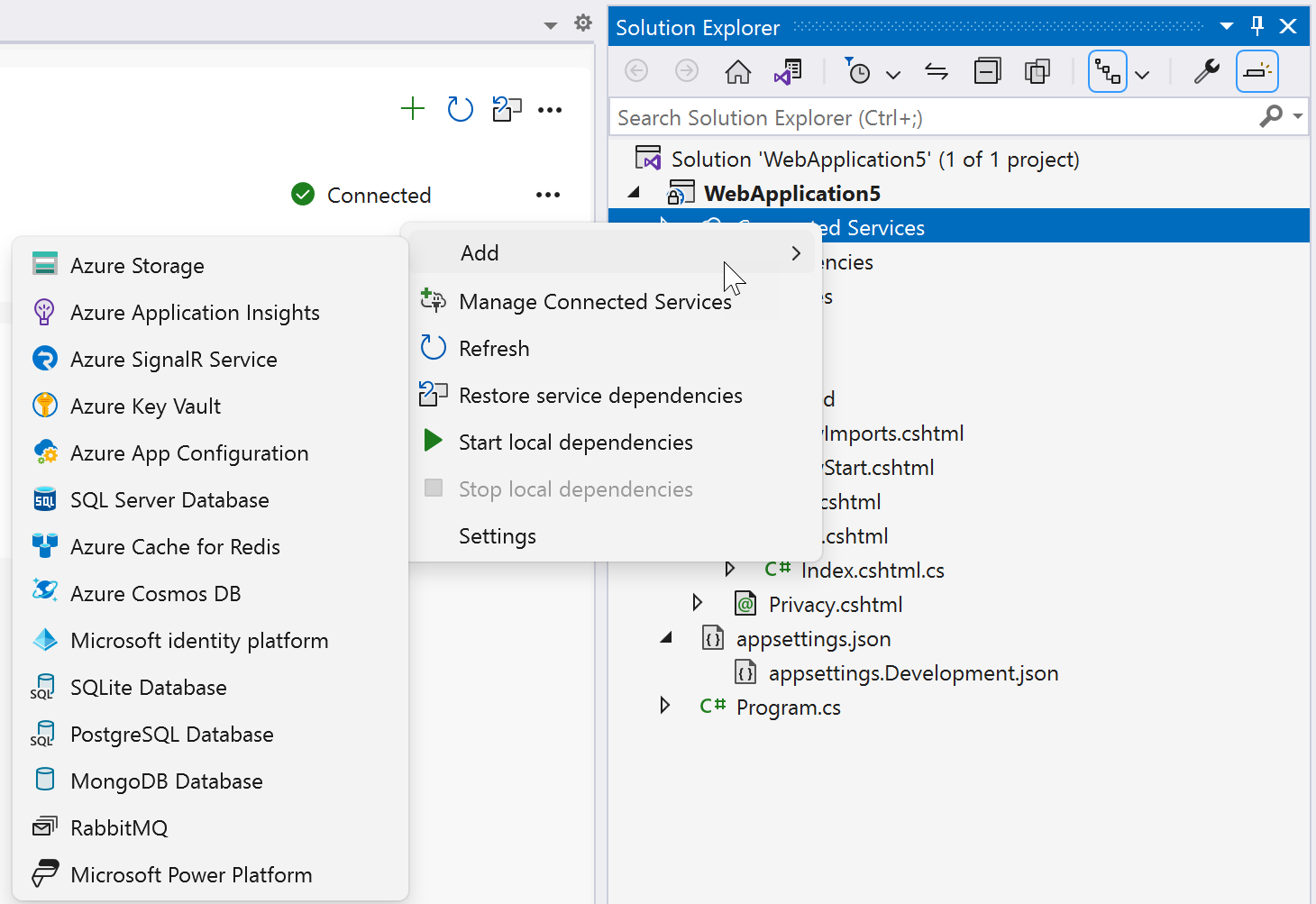 Capture d’écran montrant les options du menu contextuel Services connectés.