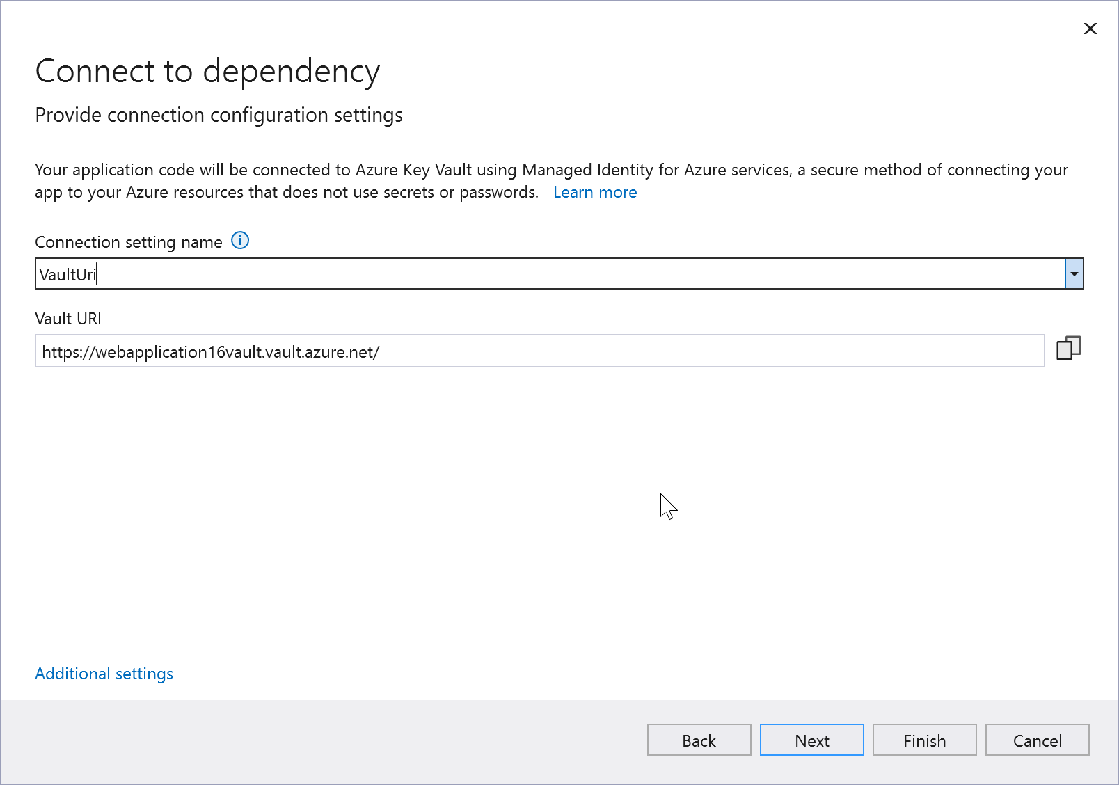 Capture de l’écran Se connecter à Azure Key Vault.