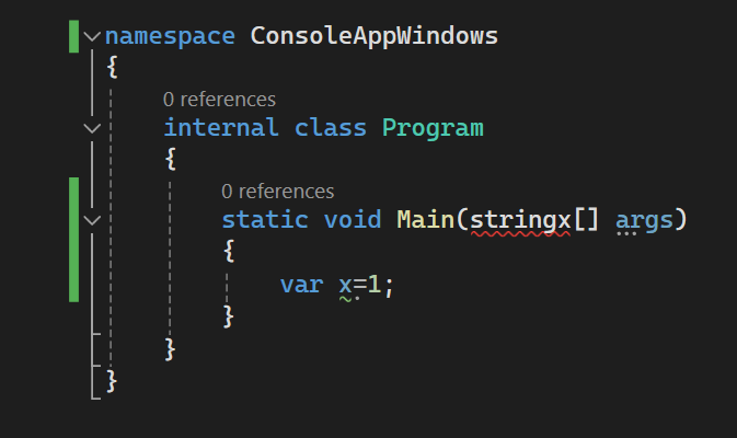 Capture d'écran montrant les marques d'erreur, d'avertissement et de suggestion dans l'éditeur de code.