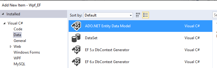 Capture d’écran du nouvel élément du modèle Entity Framework.