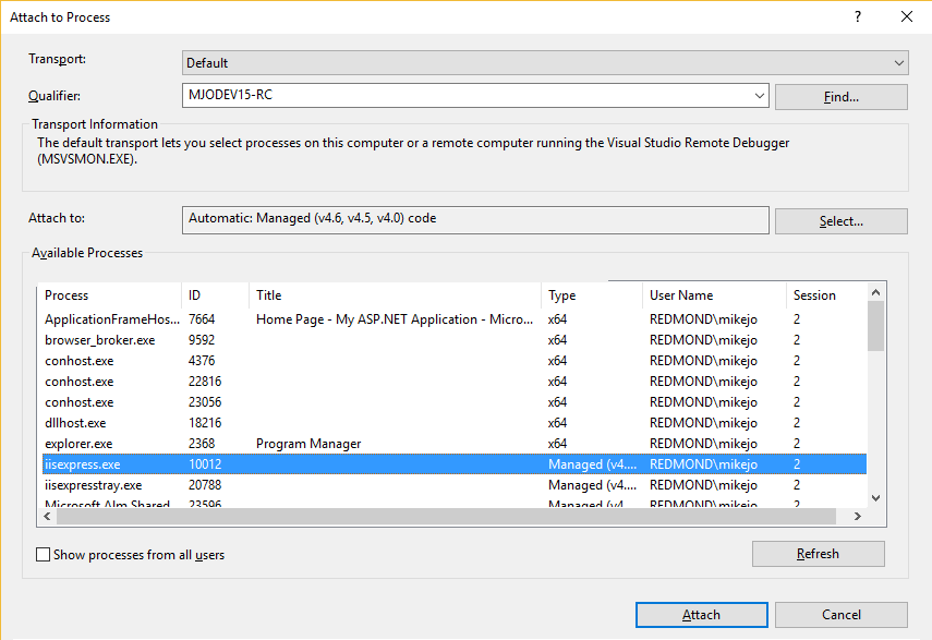 Capture d’écran de la boîte de dialogue Attacher au processus, avec la cible de connexion définie sur le nom de la machine locale.