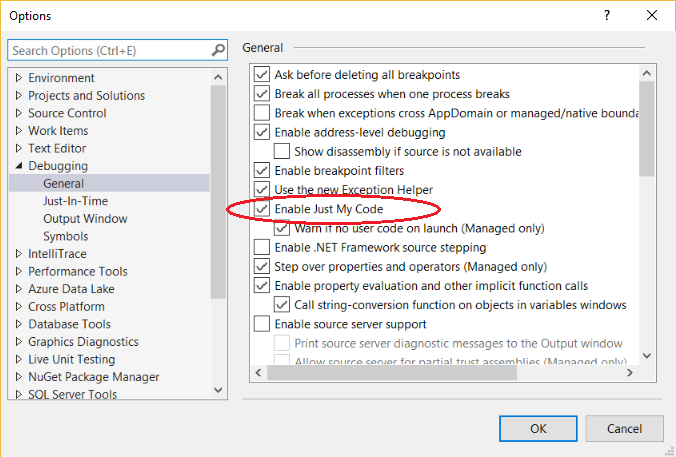 Capture d’écran de l’option Activer Uniquement mon code dans la boîte de dialogue Options.