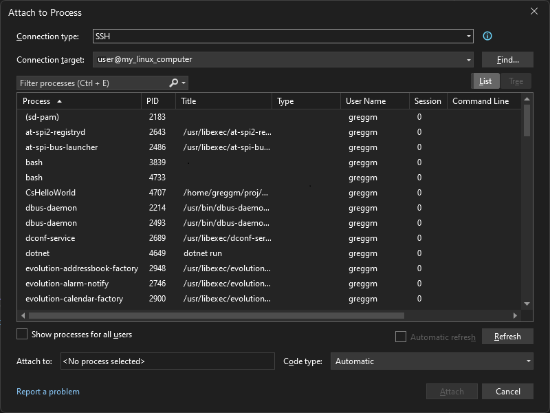 Capture d'écran du processus Attach to Linux.