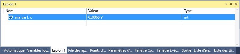 Screenshot of the Visual Studio Watch window with one selected line that shows my_var1.c with a value of 101 'e' and a type of int.