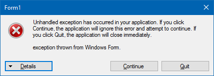 Exception non prise en charge de Windows Form