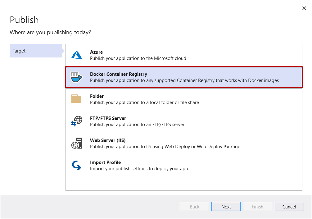 Capture d’écran montrant l’Assistant Publication, avec Publication sur Docker Container Registry mis en surbrillance.