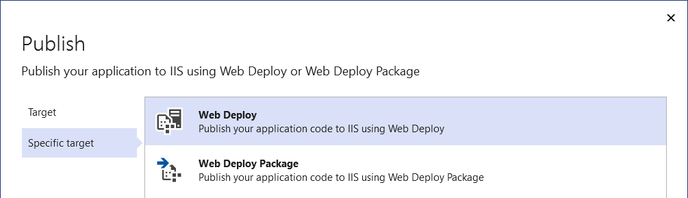 Capture d’écran montrant l’option de publication sur IIS, montrant le mode de déploiement choisi.