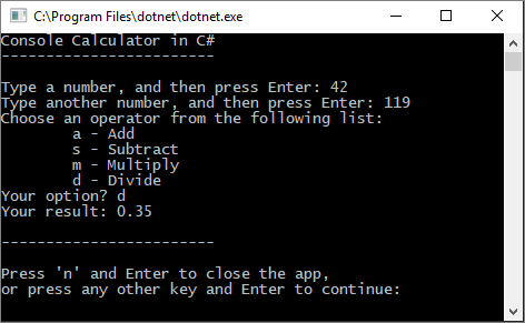 Capture d’écran montrant une fenêtre console avec l’application Calculatrice refactorisée.