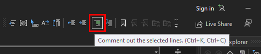 Screenshot of the Comment out button in the Text Editor toolbar in Visual Studio 2022.