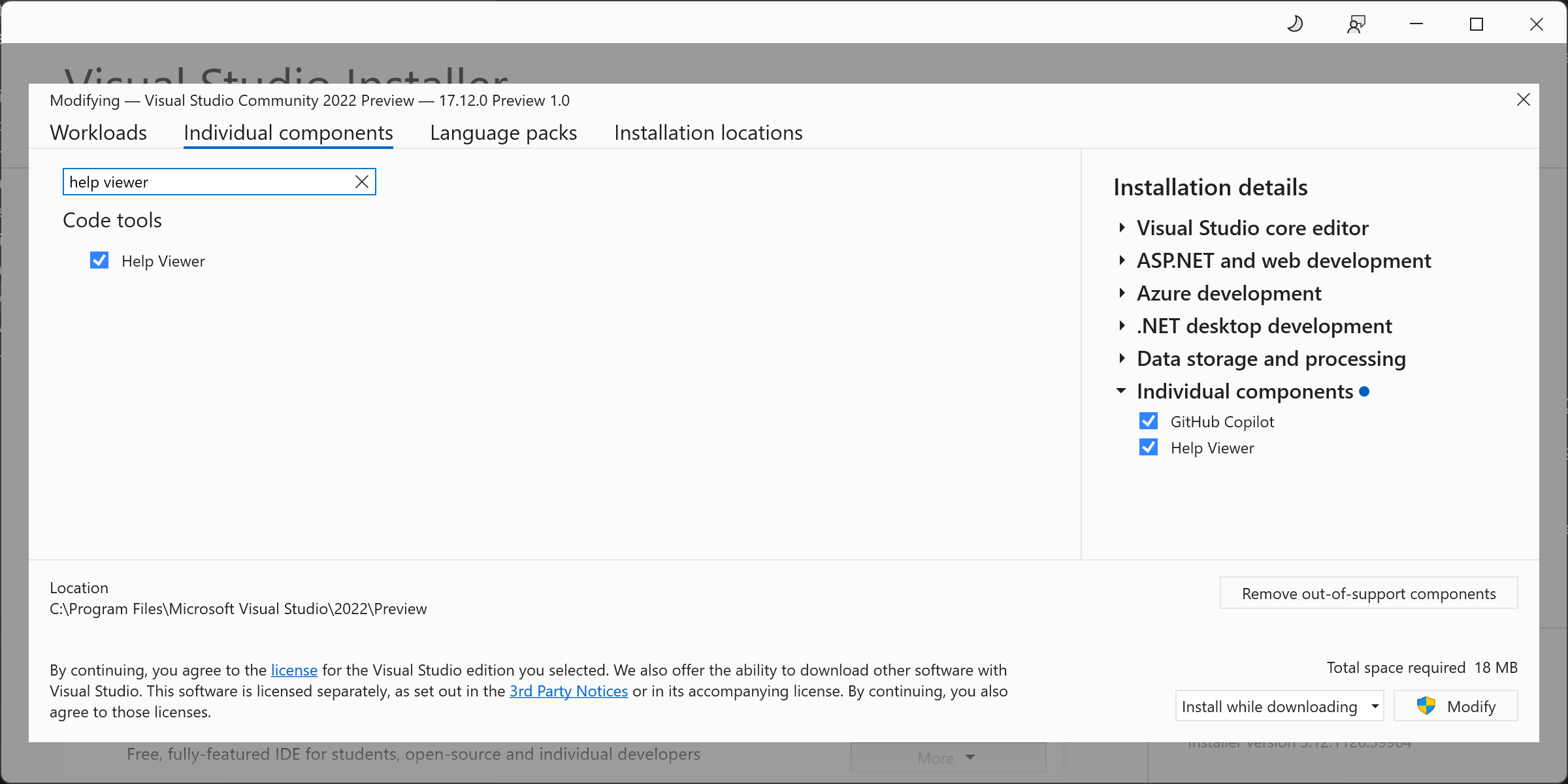 Composant Help Viewer de Visual Studio Installer