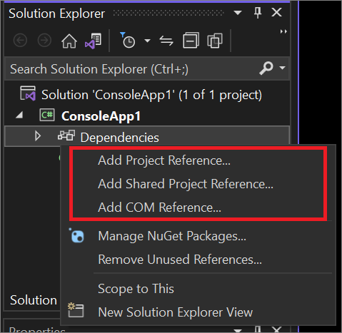 Capture d’écran de la boîte de dialogue Ajouter une référence à partir du menu contextuel dans l’Explorateur de solutions.