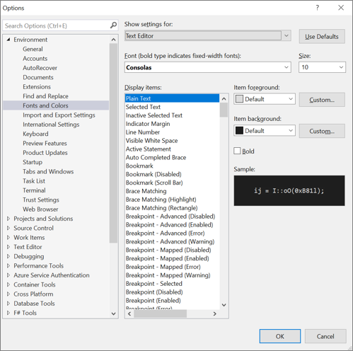 Capture d’écran de la boîte de dialogue Options pour modifier les polices et les couleurs dans l’éditeur