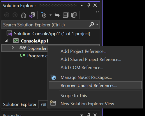 Capture d’écran de l’option Supprimer les références inutilisées à partir du menu contextuel dans l’Explorateur de solutions.
