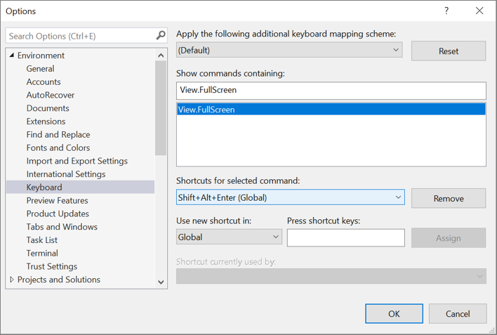 Capture d’écran montrant la commande View.FullScreen dans le schéma de configuration du clavier disponible dans la boîte de dialogue Options.