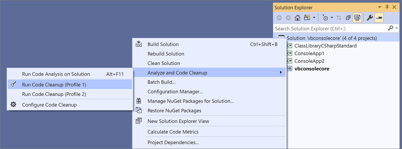 Capture d’écran de l’exécution du nettoyage du code sur un projet ou une solution entier.